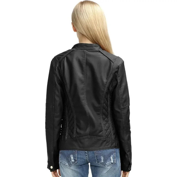 Women Black Faux Leather Casual Jacket Moto Biker Short Coat - Picture 4 of 9